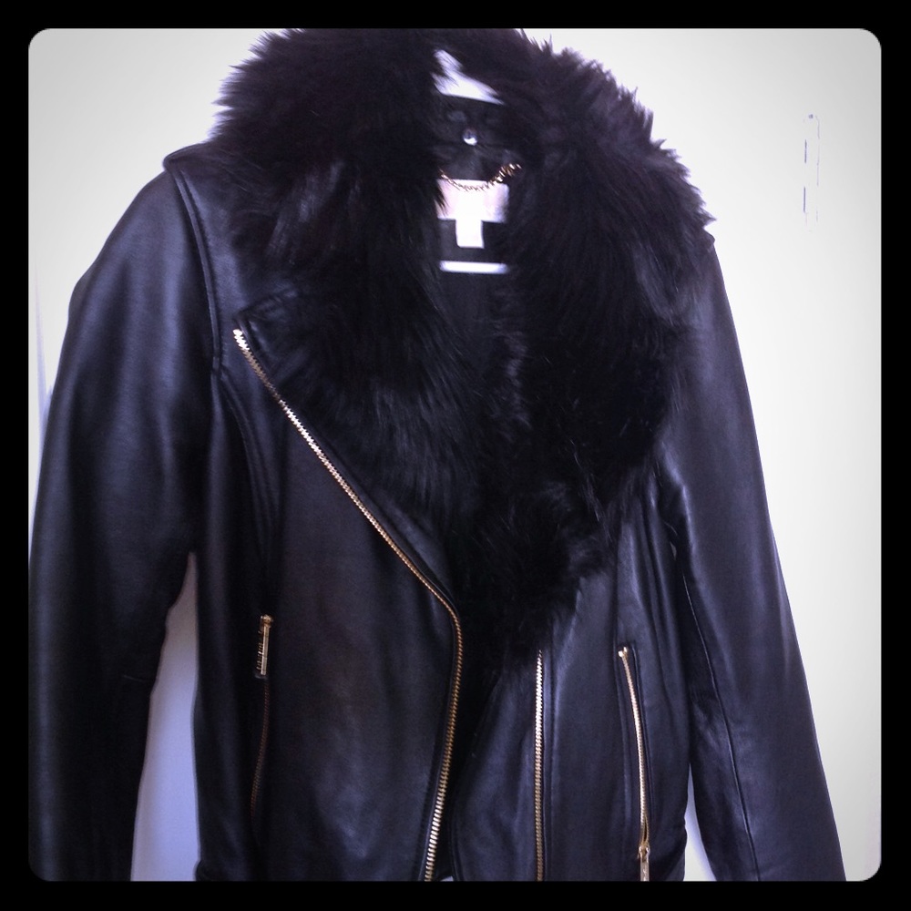 Black Leather Jacket with Fox Fur Removable Collar